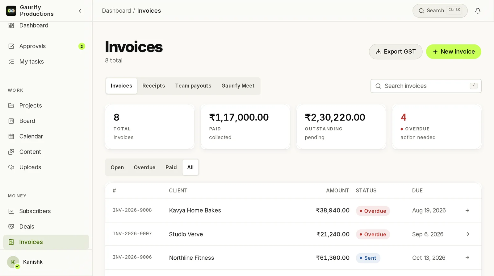 Gaurify OS, invoices